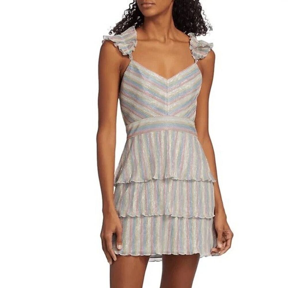 NWT. Saylor Women's Garbine Multicolor Metallic Striped Pattern Mini Dress, Sz L